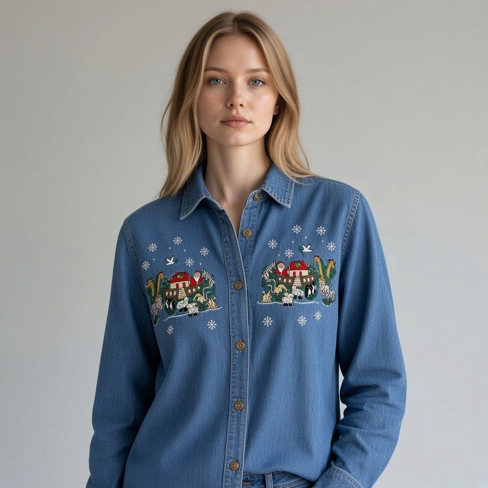 Vintage 90s Quizzical Denim Shirt L Blue Christmas Noahs Ark Festive Grandmacore - Picture 1 of 14